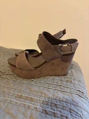 Vince Camuto Taupe Perforated Suede Wedge Sandals
